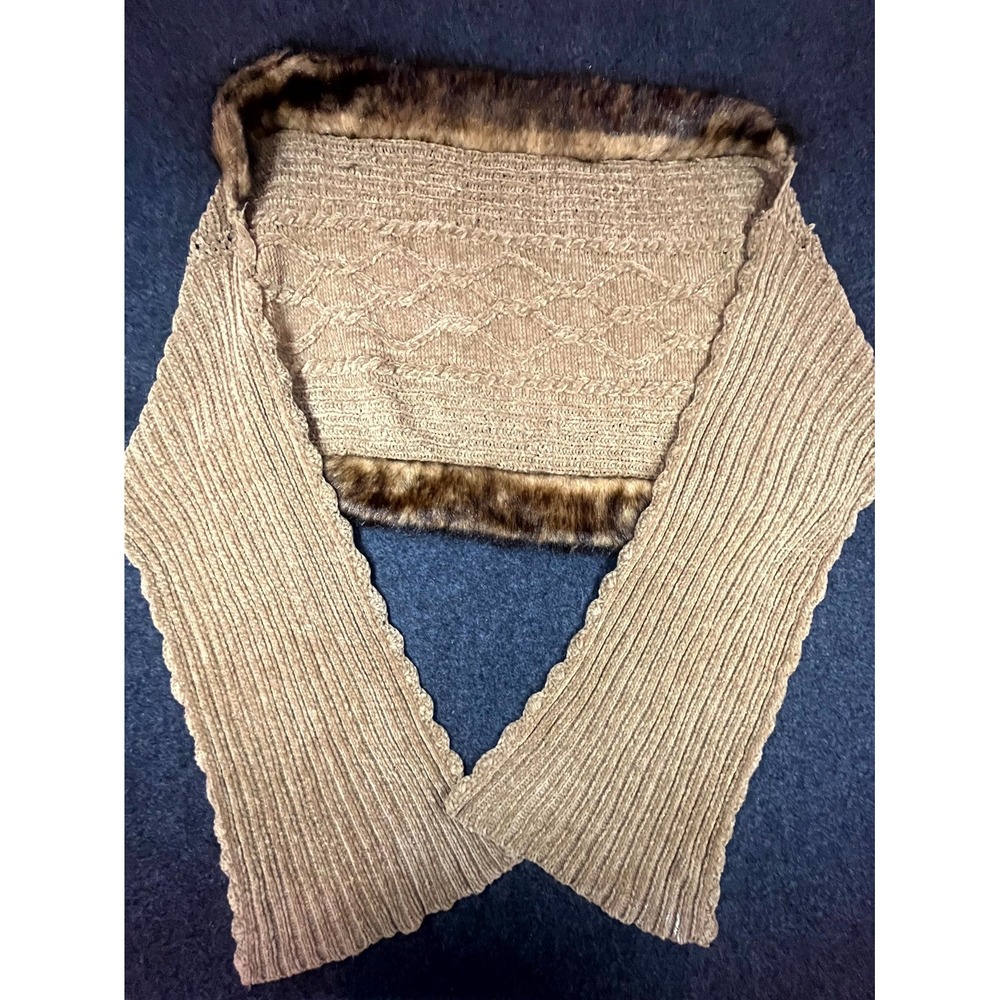 Y2K Ribbed Shrug Bolero Wrap Womens One Size Brown Crochet Faux Fur Trim Winter